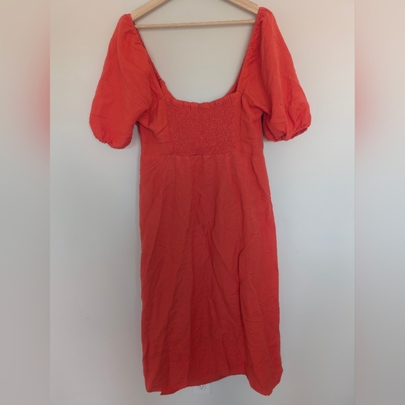 Loft Women’s Coral Puff Sleeve Square Neck Midi Dress Size 14 Milkmaid Linen - Picture 7 of 12
